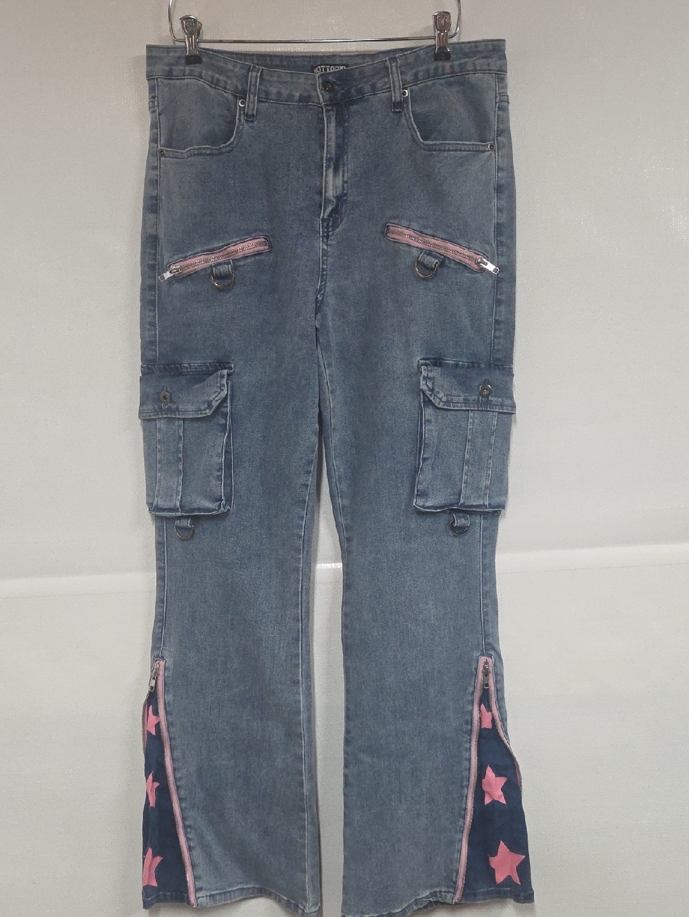 Hot Topic Wide Leg Flared Jeans with Pink Star Panels